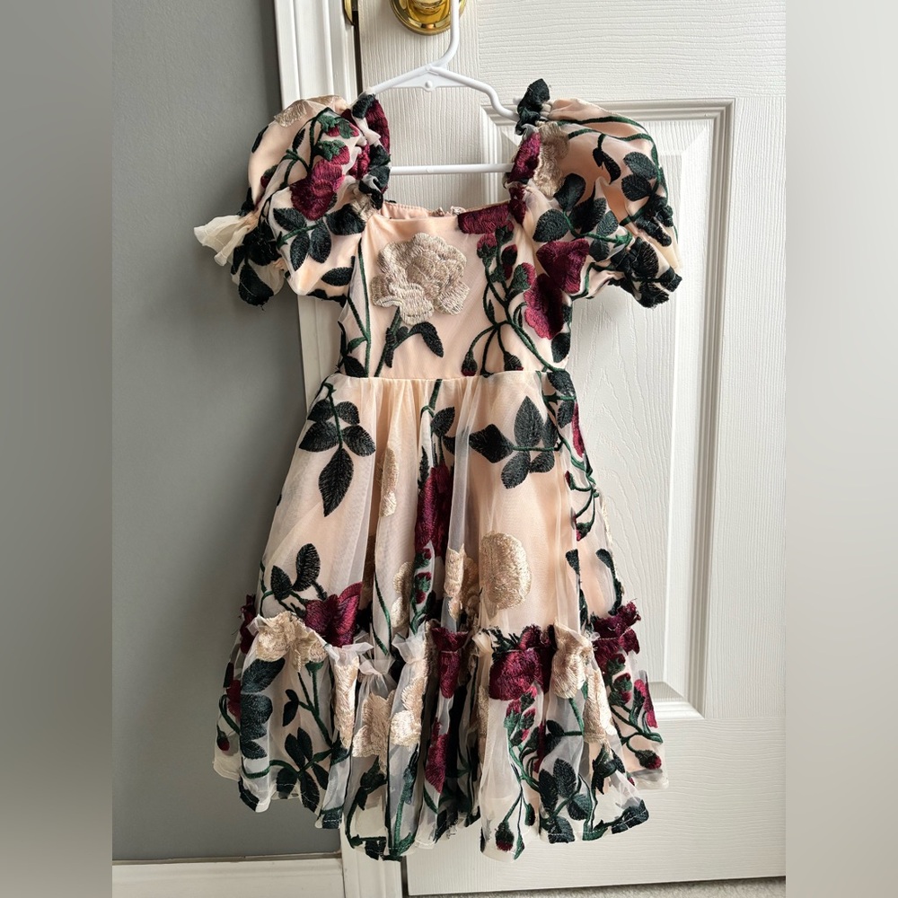 Ivy City Co Floral Kids Dress - Cream and Burgundy